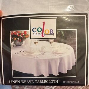 Vintage Color Classics Linen Weave Tablecloth White Oval 60x84
